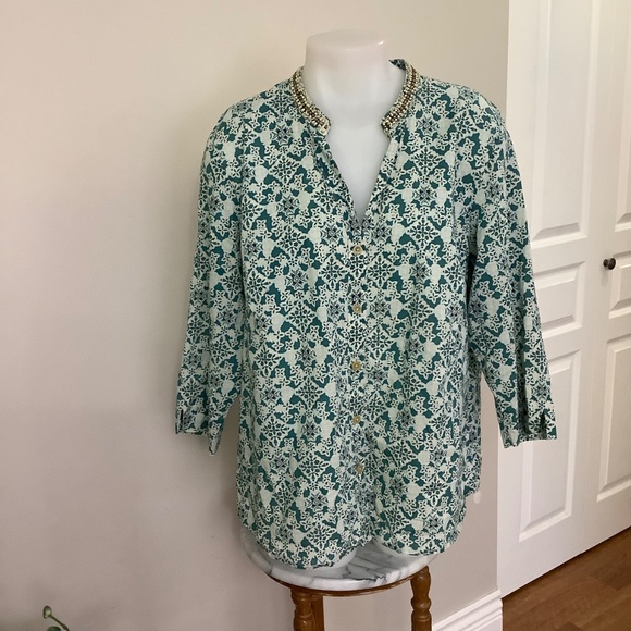 Talbots Print Cotton Top XL 3/4 Slv Beaded Neckline - Picture 8 of 13